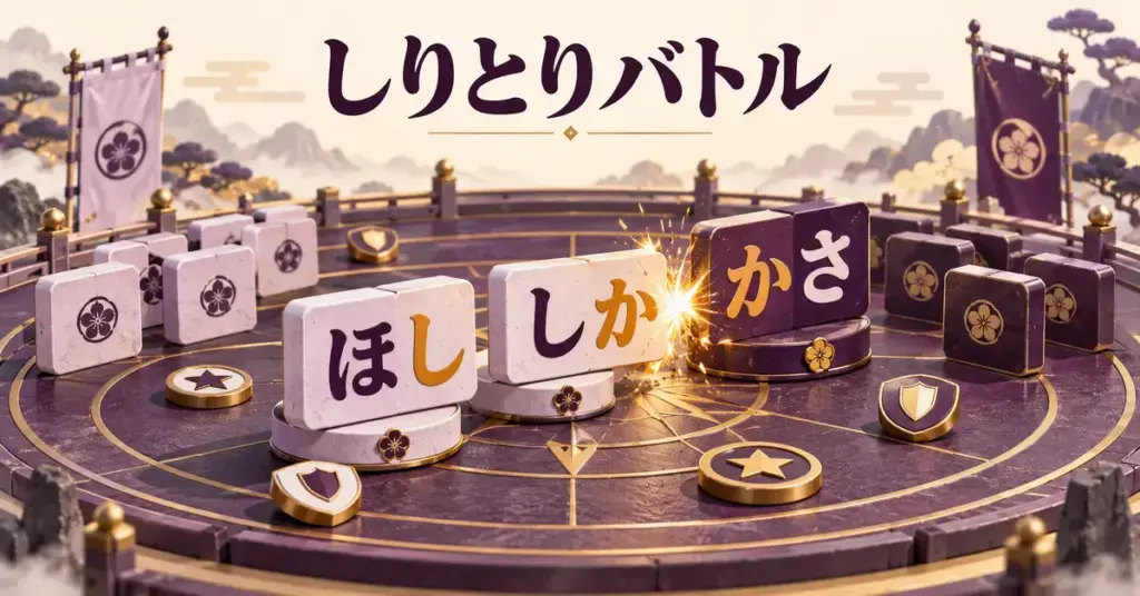 「ほし」「しか」「かさ」の文字タイルが紫色の対戦盤に並び、しりとりバトルの言葉を使った攻防を表現したイラスト。